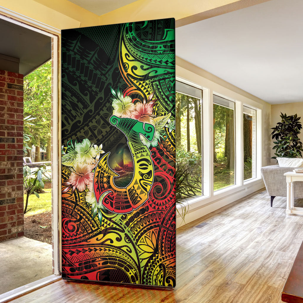 Hawaii Discoverers Day Door Cover Polynesian Fish Hook With Hibiscus Reggae