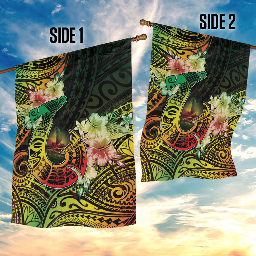 Hawaii Discoverers Day Garden Flag Polynesian Fish Hook With Hibiscus Reggae
