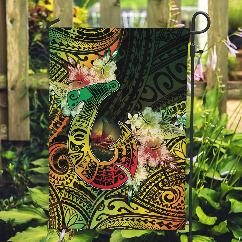 Hawaii Discoverers Day Garden Flag Polynesian Fish Hook With Hibiscus Reggae