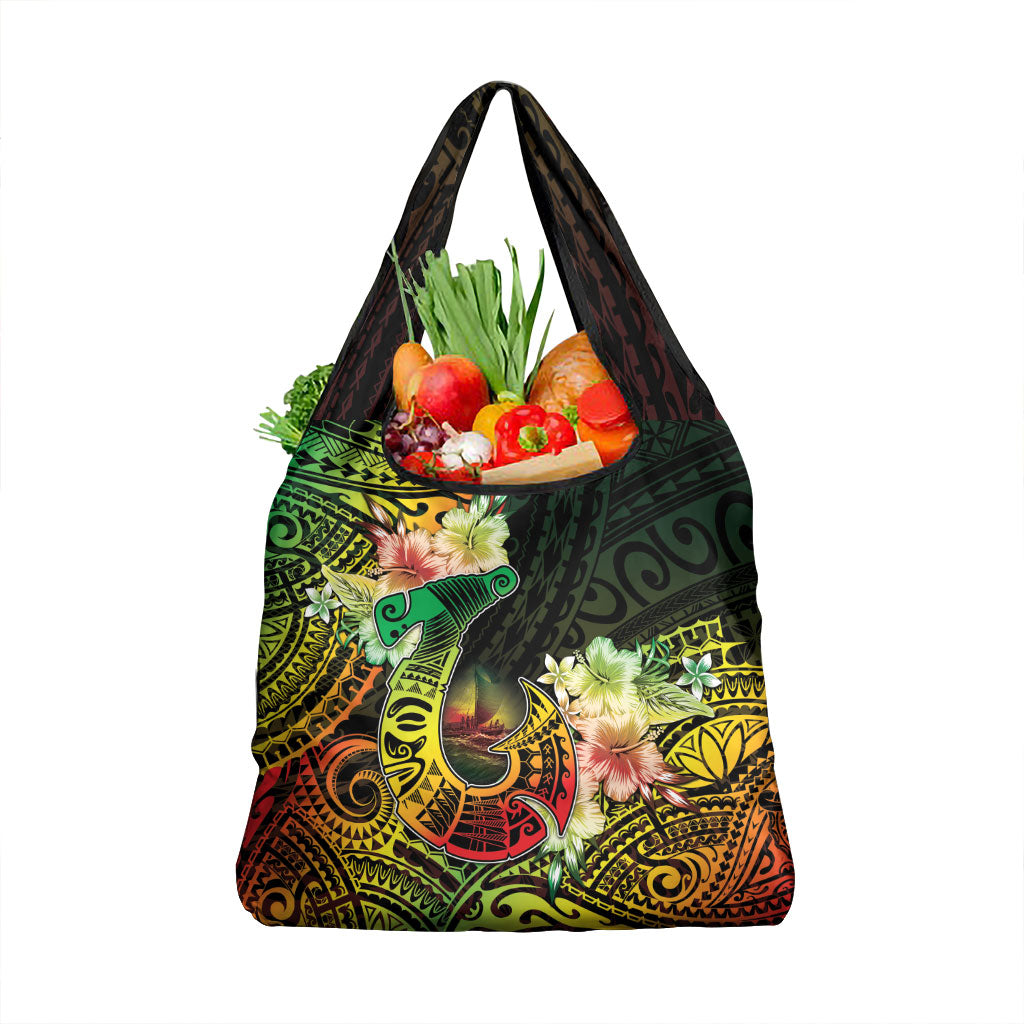 Hawaii Discoverers Day Grocery Bag Polynesian Fish Hook With Hibiscus Reggae
