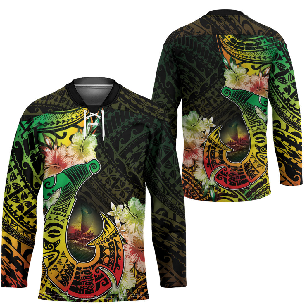 Hawaii Discoverers Day Hockey Jersey Polynesian Fish Hook With Hibiscus Reggae