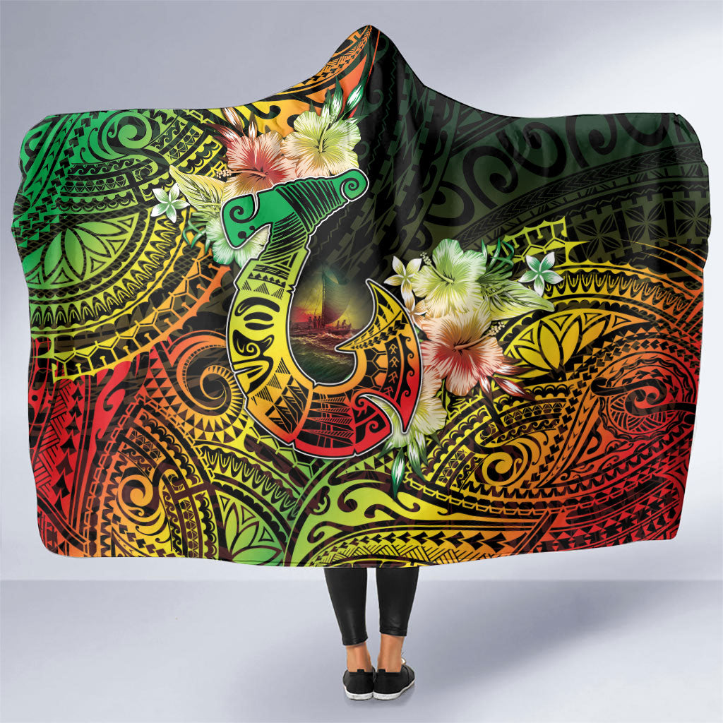 Hawaii Discoverers Day Hooded Blanket Polynesian Fish Hook With Hibiscus Reggae