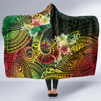 Hawaii Discoverers Day Hooded Blanket Polynesian Fish Hook With Hibiscus Reggae