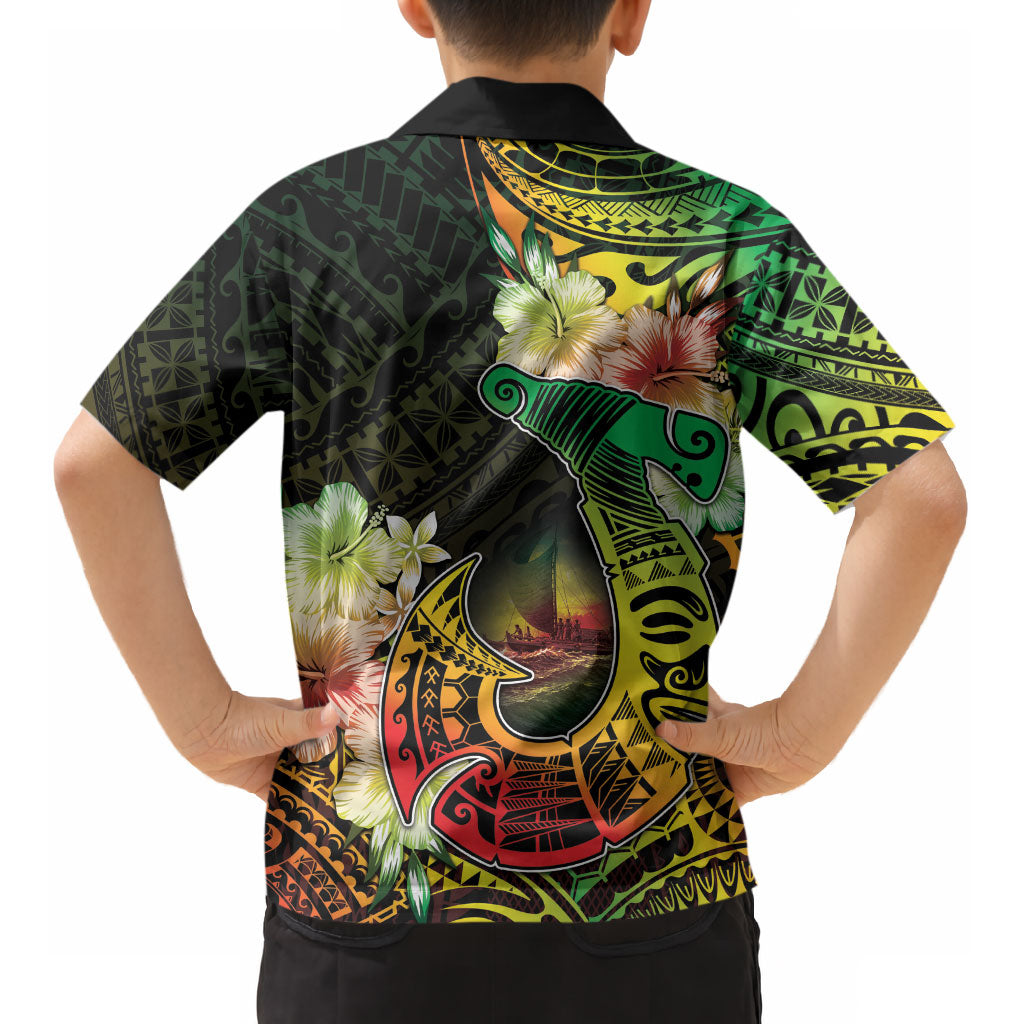 Hawaii Discoverers Day Kid Hawaiian Shirt Polynesian Fish Hook With Hibiscus Reggae