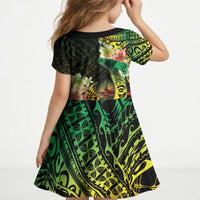 Hawaii Discoverers Day Kid Short Sleeve Dress Polynesian Fish Hook With Hibiscus Reggae