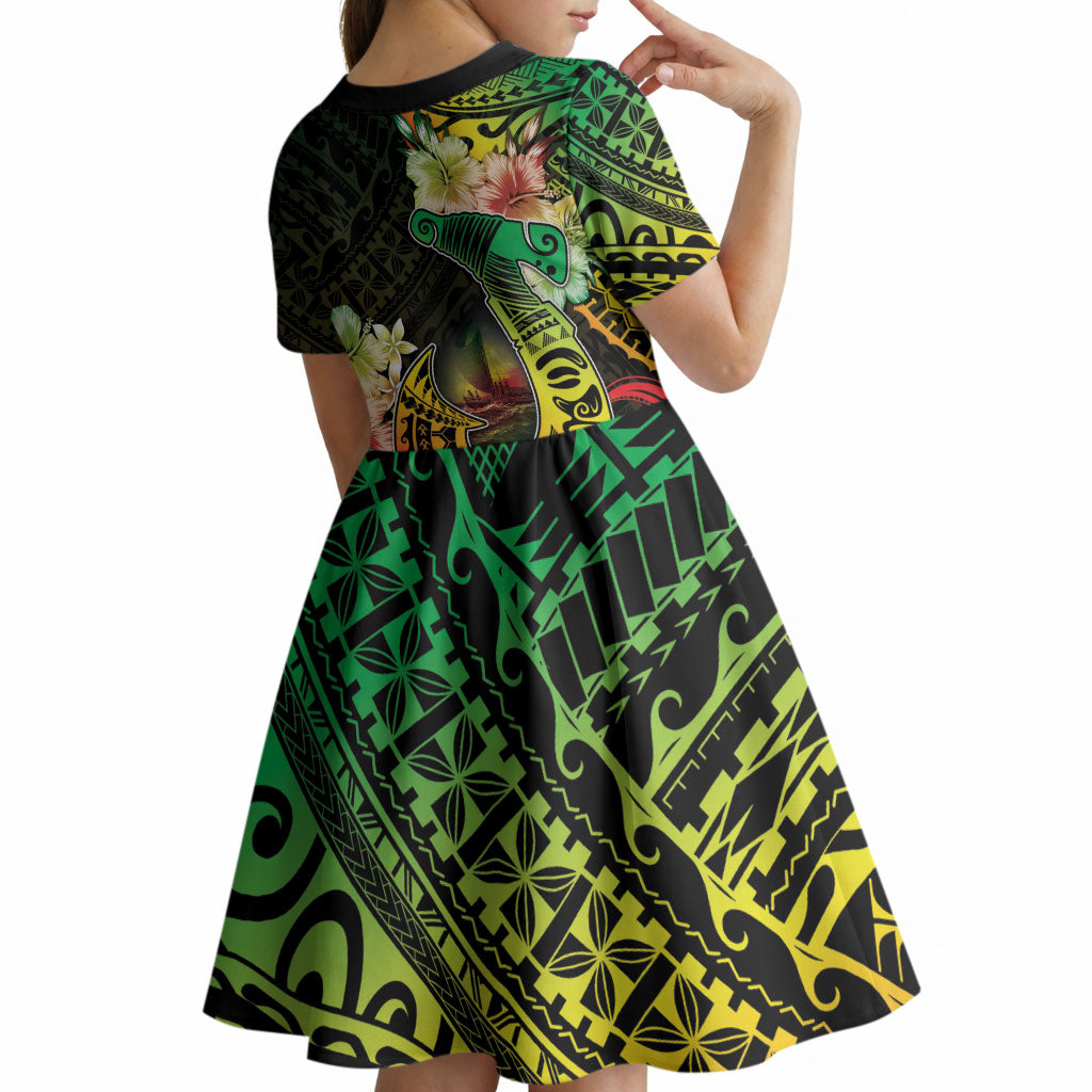 Hawaii Discoverers Day Kid Short Sleeve Dress Polynesian Fish Hook With Hibiscus Reggae