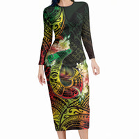 Hawaii Discoverers Day Long Sleeve Bodycon Dress Polynesian Fish Hook With Hibiscus Reggae