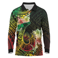 Hawaii Discoverers Day Long Sleeve Polo Shirt Polynesian Fish Hook With Hibiscus Reggae