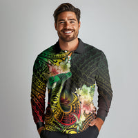 Hawaii Discoverers Day Long Sleeve Polo Shirt Polynesian Fish Hook With Hibiscus Reggae