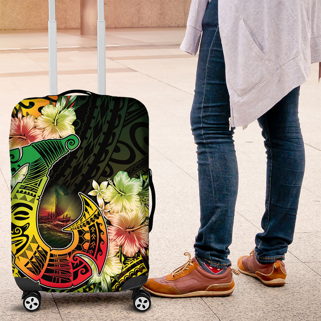 Hawaii Discoverers Day Luggage Cover Polynesian Fish Hook With Hibiscus Reggae