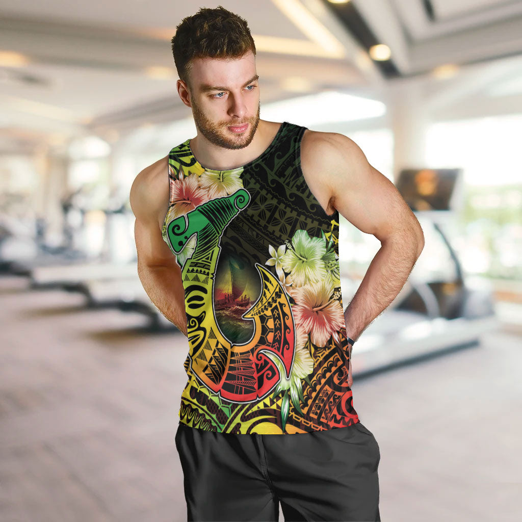 Hawaii Discoverers Day Men Tank Top Polynesian Fish Hook With Hibiscus Reggae