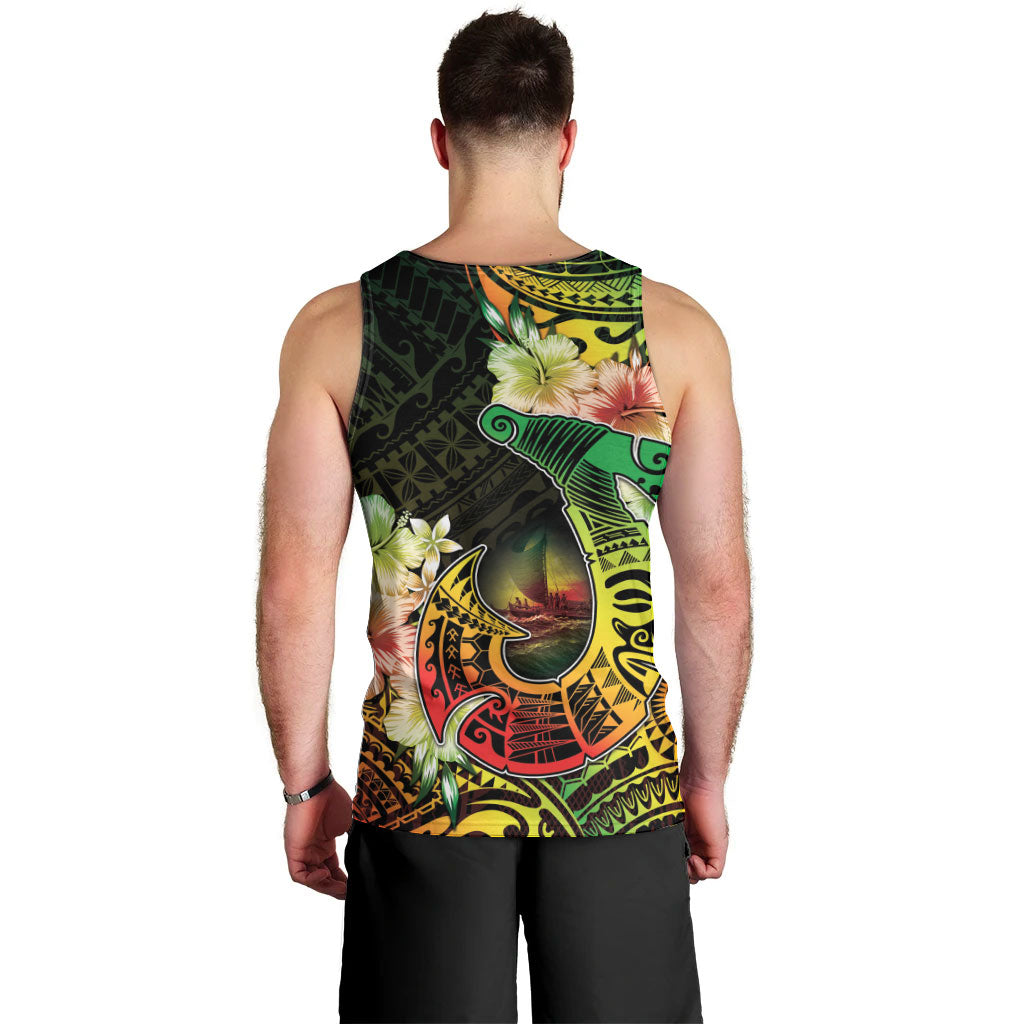 Hawaii Discoverers Day Men Tank Top Polynesian Fish Hook With Hibiscus Reggae