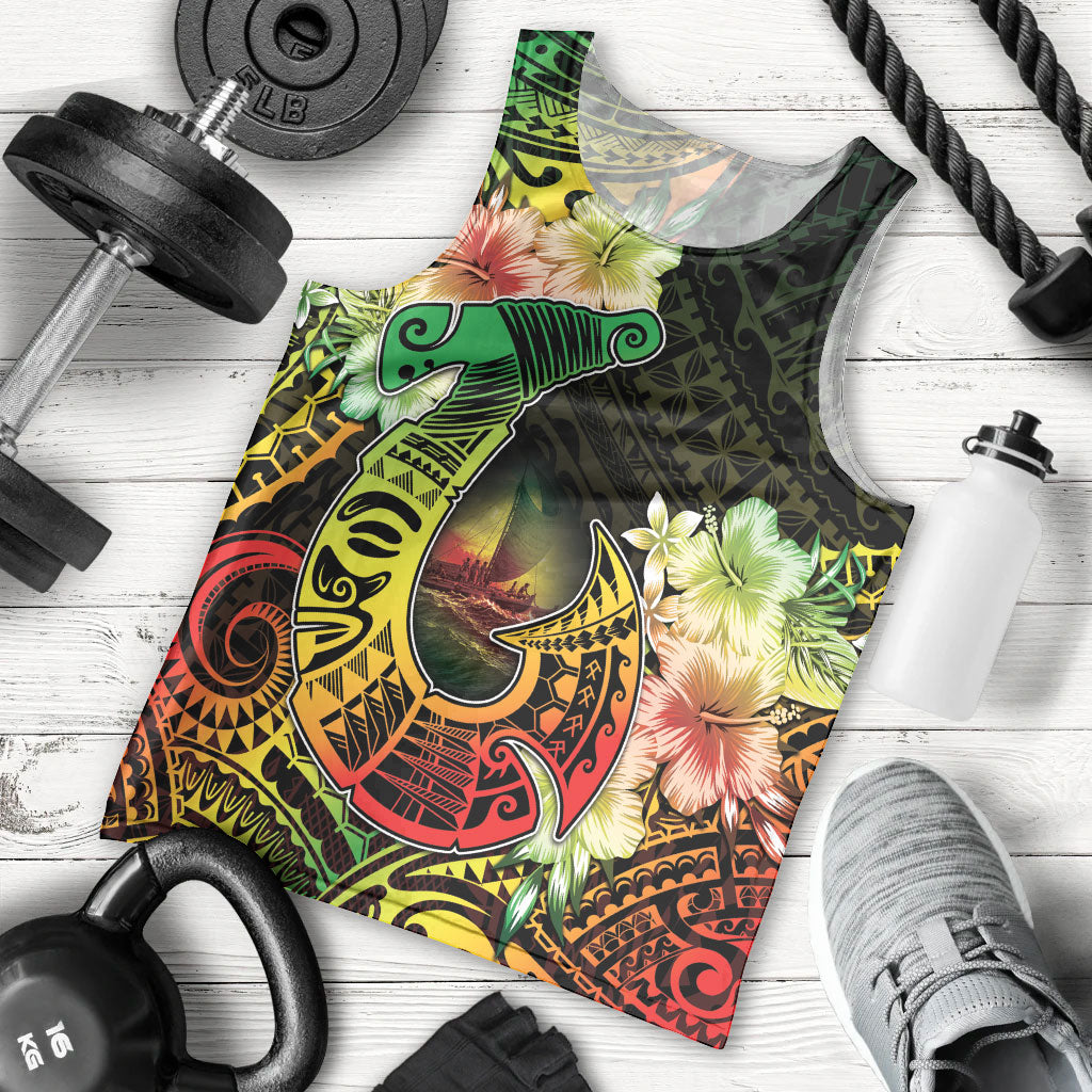 Hawaii Discoverers Day Men Tank Top Polynesian Fish Hook With Hibiscus Reggae