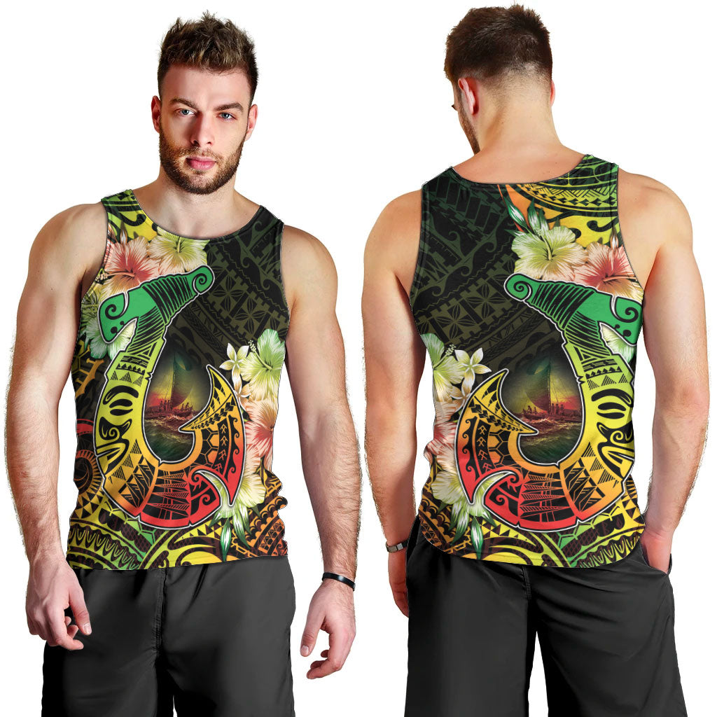 Hawaii Discoverers Day Men Tank Top Polynesian Fish Hook With Hibiscus Reggae