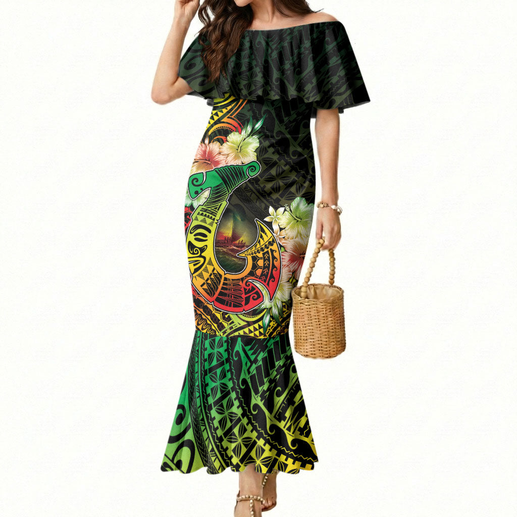 Hawaii Discoverers Day Mermaid Dress Polynesian Fish Hook With Hibiscus Reggae