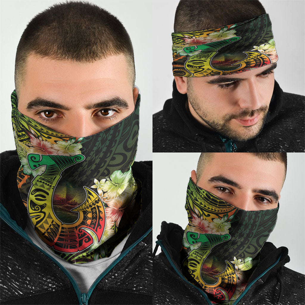 Hawaii Discoverers Day Neck Gaiter Polynesian Fish Hook With Hibiscus Reggae