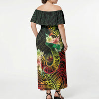 Hawaii Discoverers Day Off Shoulder Maxi Dress Polynesian Fish Hook With Hibiscus Reggae