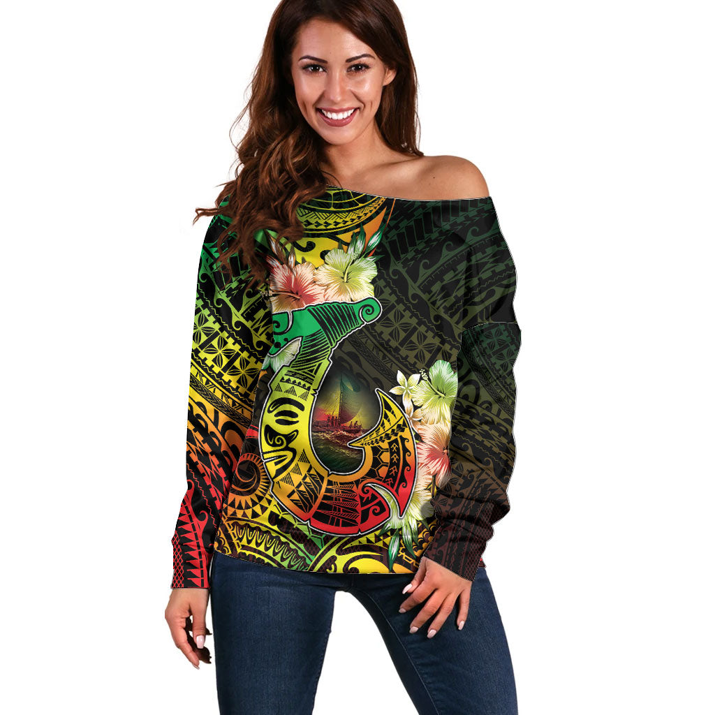 Hawaii Discoverers Day Off Shoulder Sweater Polynesian Fish Hook With Hibiscus Reggae