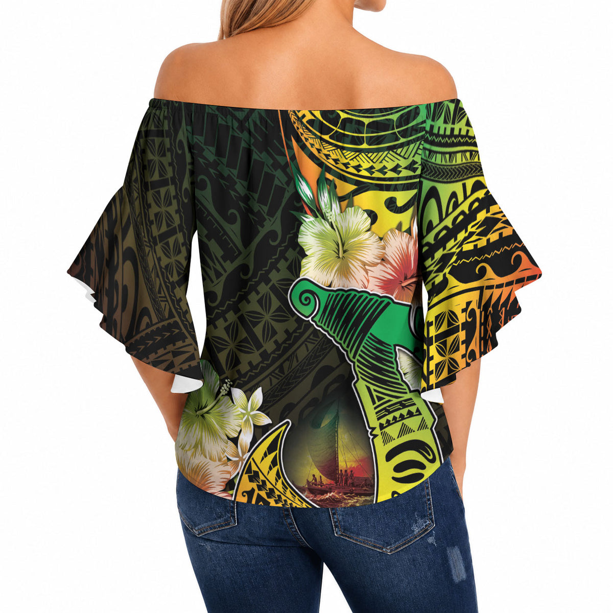 Hawaii Discoverers Day Off Shoulder Wrap Waist Top Polynesian Fish Hook With Hibiscus Reggae