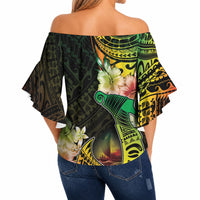 Hawaii Discoverers Day Off Shoulder Wrap Waist Top Polynesian Fish Hook With Hibiscus Reggae