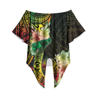 Hawaii Discoverers Day Off Shoulder Wrap Waist Top Polynesian Fish Hook With Hibiscus Reggae