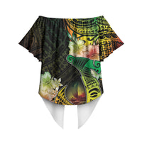 Hawaii Discoverers Day Off Shoulder Wrap Waist Top Polynesian Fish Hook With Hibiscus Reggae