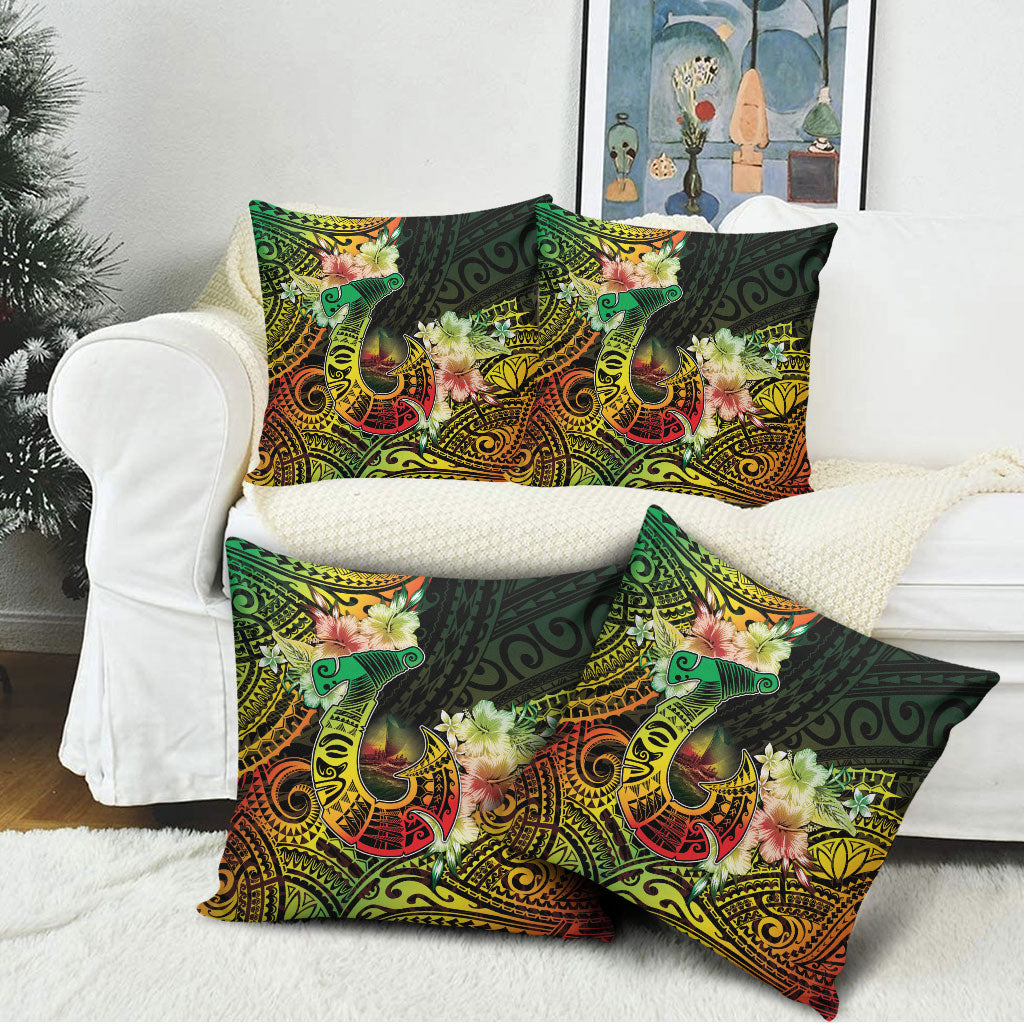 Hawaii Discoverers Day Pillow Cover Polynesian Fish Hook With Hibiscus Reggae
