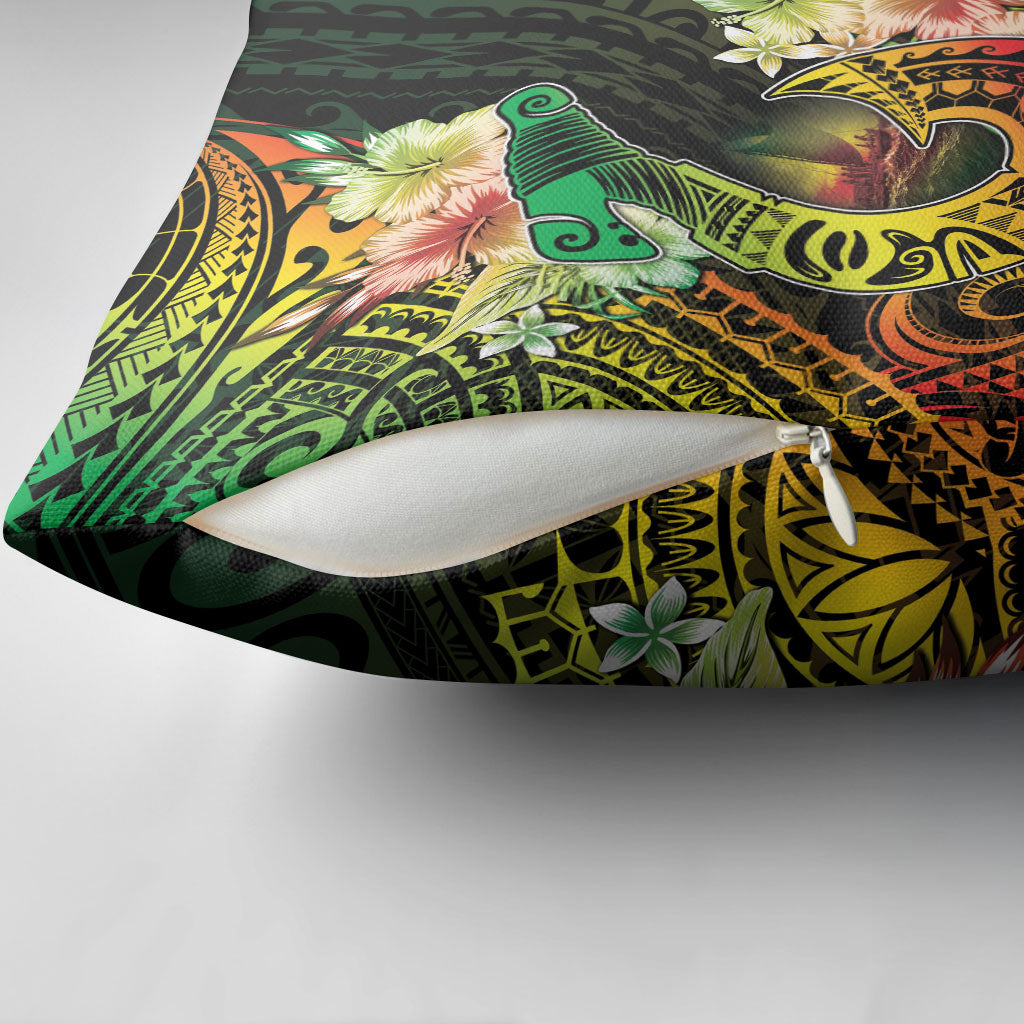 Hawaii Discoverers Day Pillow Cover Polynesian Fish Hook With Hibiscus Reggae