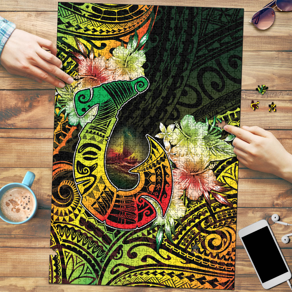 Hawaii Discoverers Day Puzzle Polynesian Fish Hook With Hibiscus Reggae