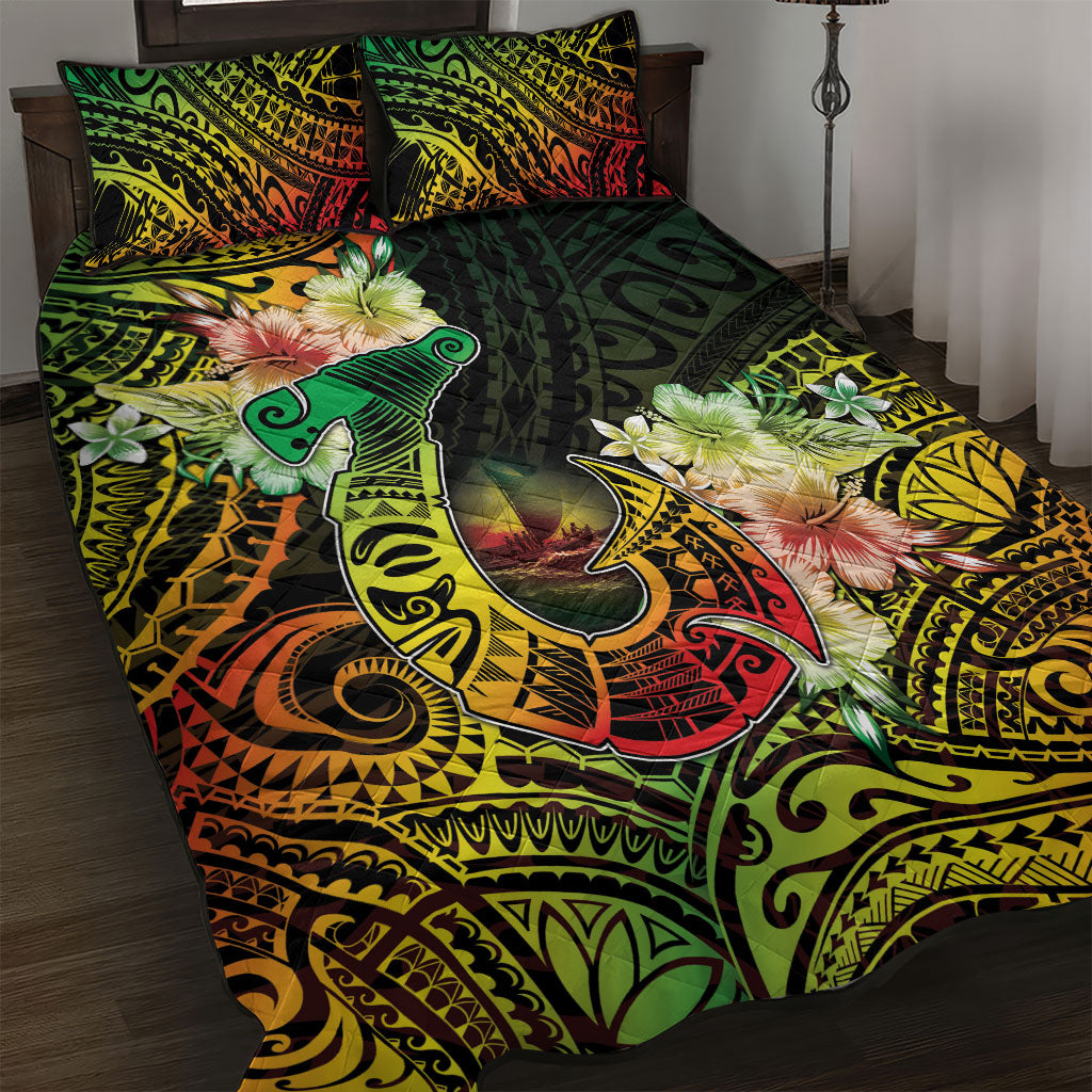 Hawaii Discoverers Day Quilt Bed Set Polynesian Fish Hook With Hibiscus Reggae