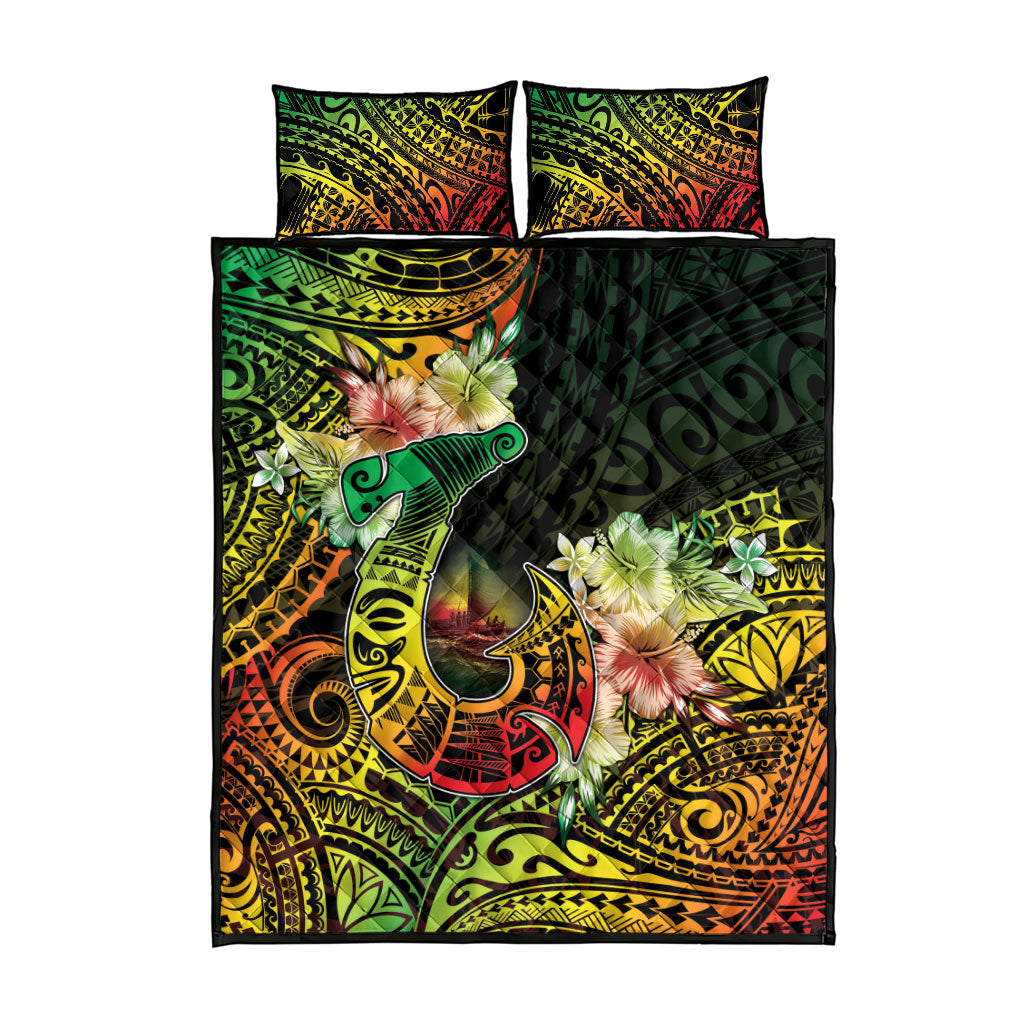 Hawaii Discoverers Day Quilt Bed Set Polynesian Fish Hook With Hibiscus Reggae