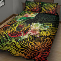 Hawaii Discoverers Day Quilt Bed Set Polynesian Fish Hook With Hibiscus Reggae