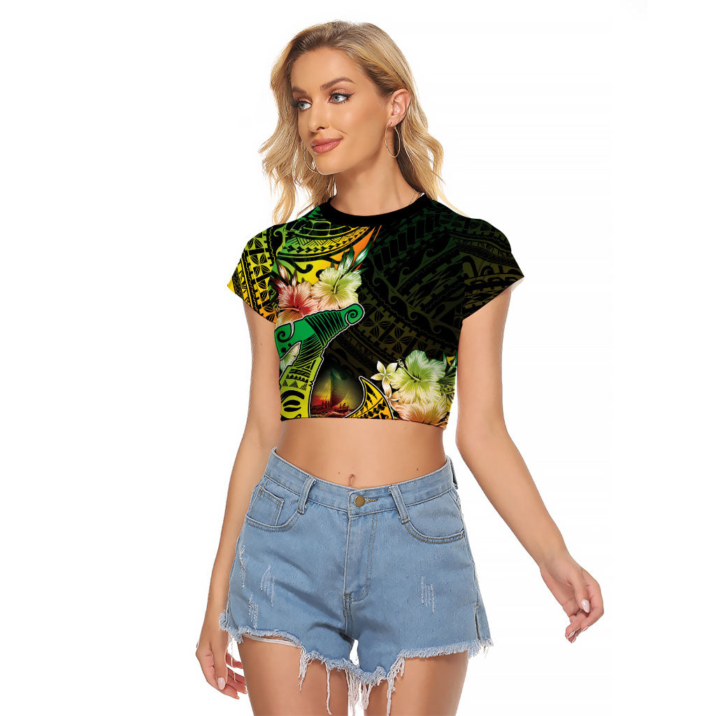 Hawaii Discoverers Day Raglan Cropped T Shirt Polynesian Fish Hook With Hibiscus Reggae