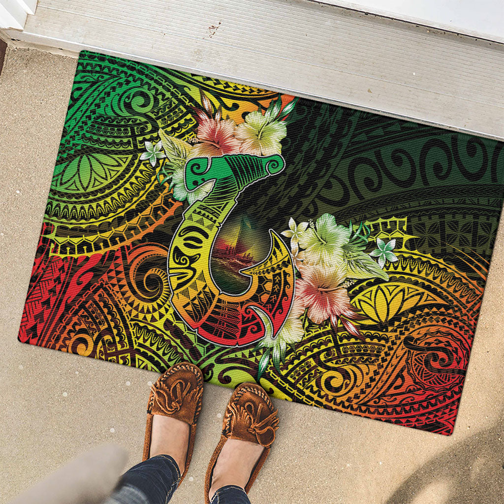 Hawaii Discoverers Day Rubber Doormat Polynesian Fish Hook With Hibiscus Reggae