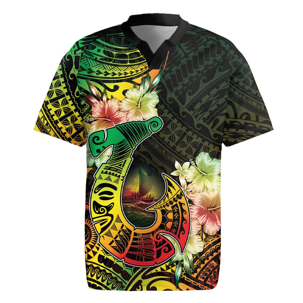 Hawaii Discoverers Day Rugby Jersey Polynesian Fish Hook With Hibiscus Reggae