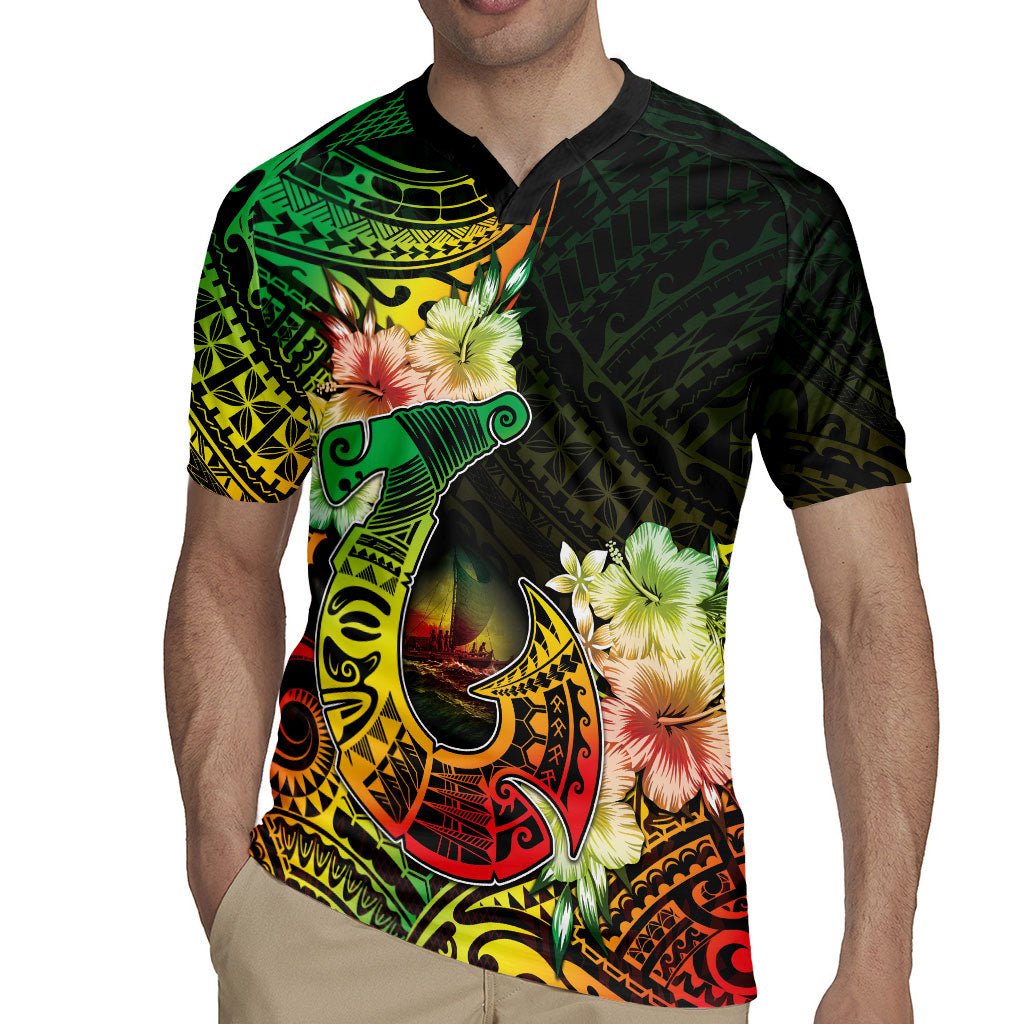 Hawaii Discoverers Day Rugby Jersey Polynesian Fish Hook With Hibiscus Reggae