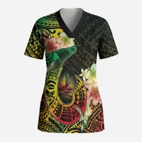 Hawaii Discoverers Day Scrub Top Polynesian Fish Hook With Hibiscus Reggae