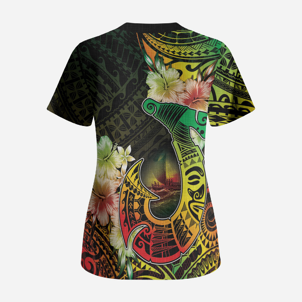 Hawaii Discoverers Day Scrub Top Polynesian Fish Hook With Hibiscus Reggae