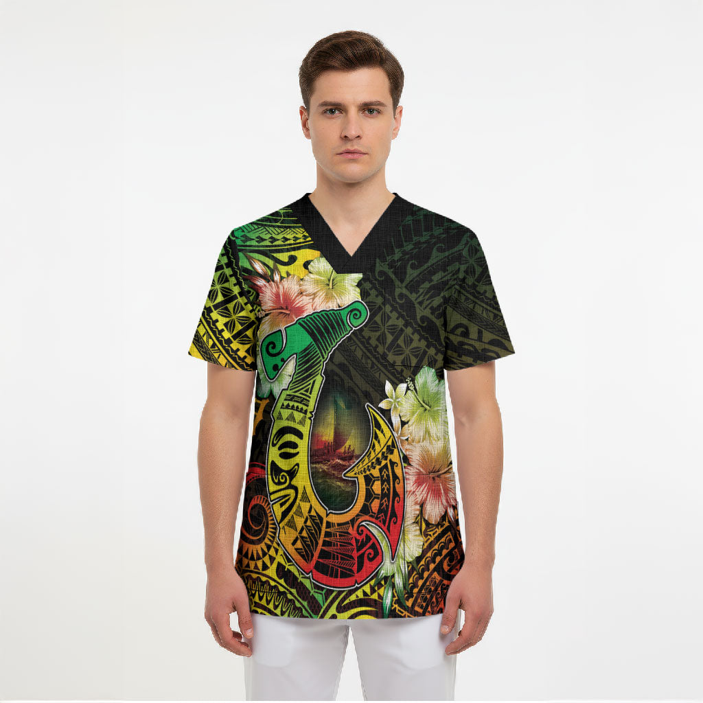 Hawaii Discoverers Day Scrub Top Polynesian Fish Hook With Hibiscus Reggae