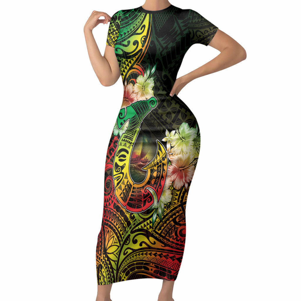 Hawaii Discoverers Day Short Sleeve Bodycon Dress Polynesian Fish Hook With Hibiscus Reggae