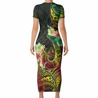 Hawaii Discoverers Day Short Sleeve Bodycon Dress Polynesian Fish Hook With Hibiscus Reggae