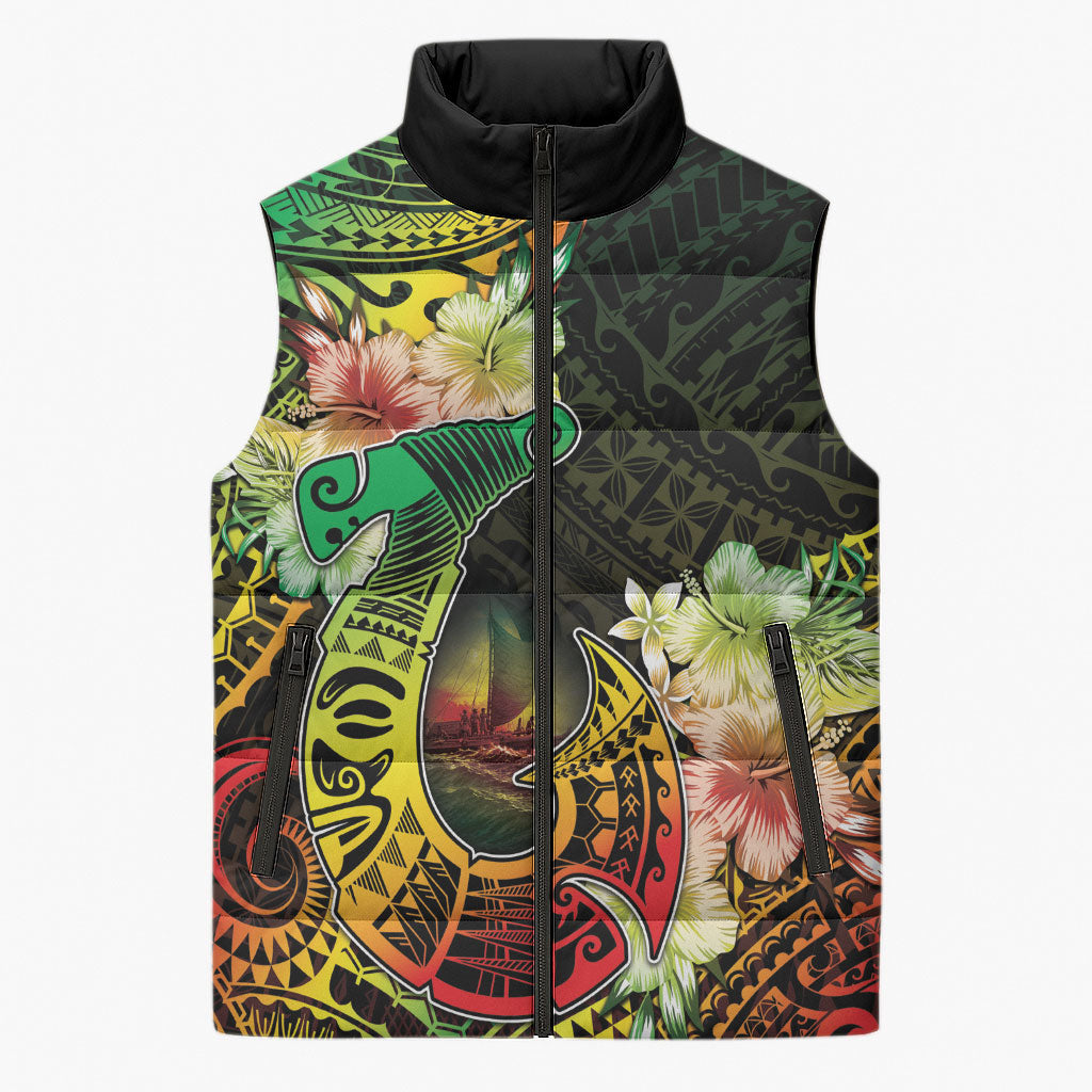 Hawaii Discoverers Day Sleeveless Puffer Jacket Polynesian Fish Hook With Hibiscus Reggae