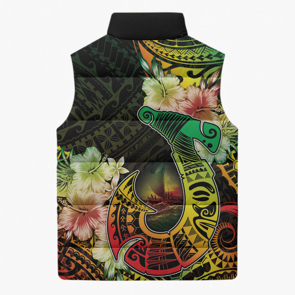 Hawaii Discoverers Day Sleeveless Puffer Jacket Polynesian Fish Hook With Hibiscus Reggae