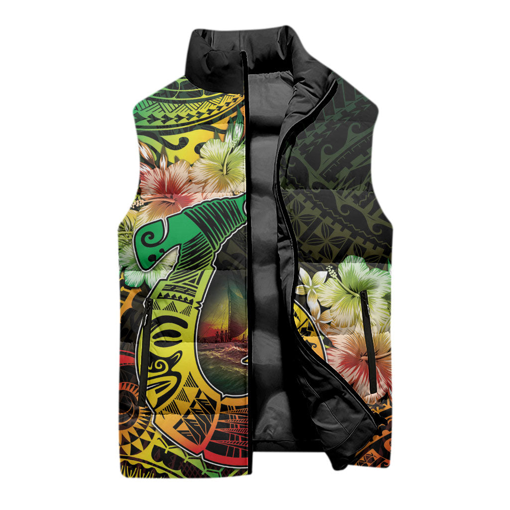 Hawaii Discoverers Day Sleeveless Puffer Jacket Polynesian Fish Hook With Hibiscus Reggae