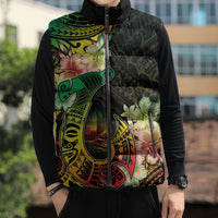 Hawaii Discoverers Day Sleeveless Puffer Jacket Polynesian Fish Hook With Hibiscus Reggae