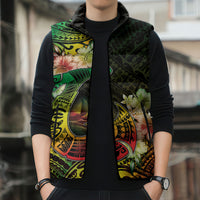 Hawaii Discoverers Day Sleeveless Puffer Jacket Polynesian Fish Hook With Hibiscus Reggae