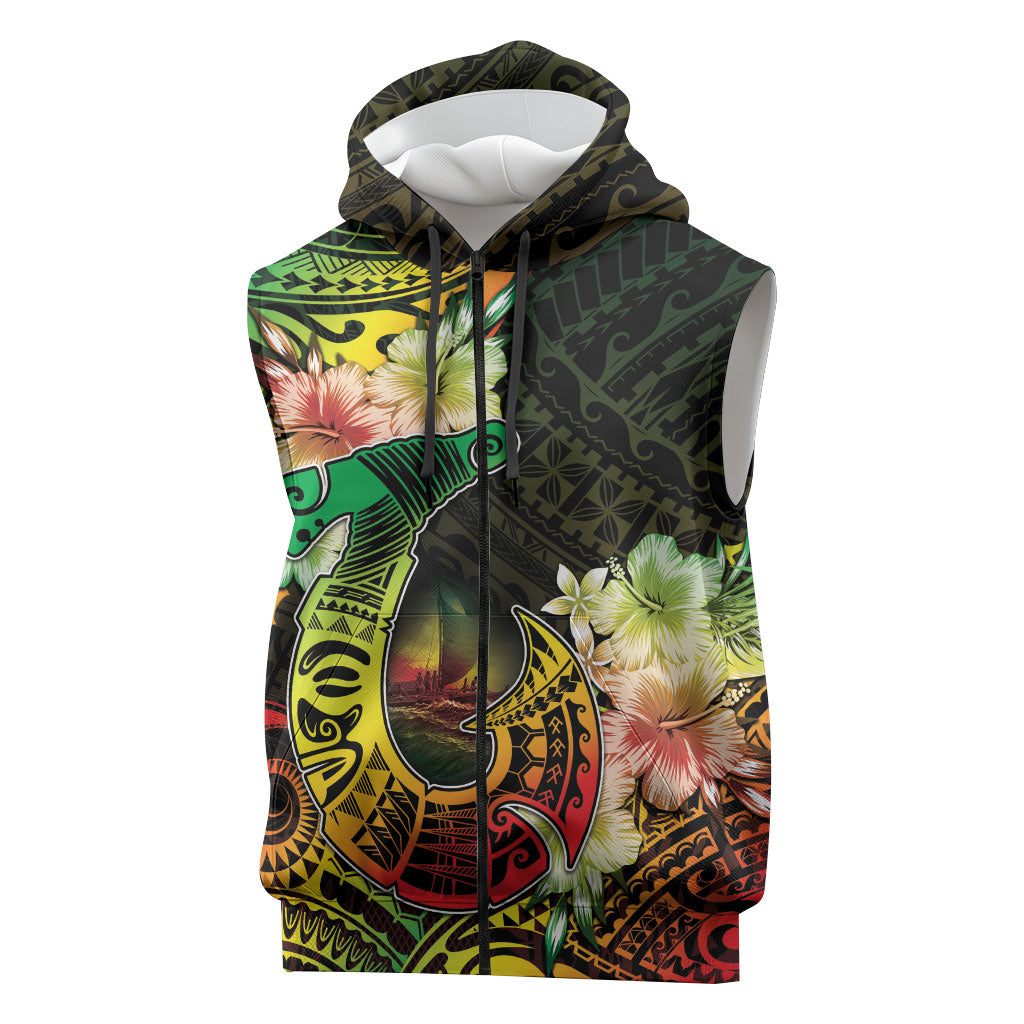 Hawaii Discoverers Day Sleeveless Zip Hoodie Polynesian Fish Hook With Hibiscus Reggae