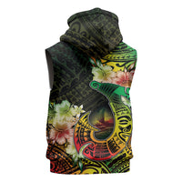 Hawaii Discoverers Day Sleeveless Zip Hoodie Polynesian Fish Hook With Hibiscus Reggae