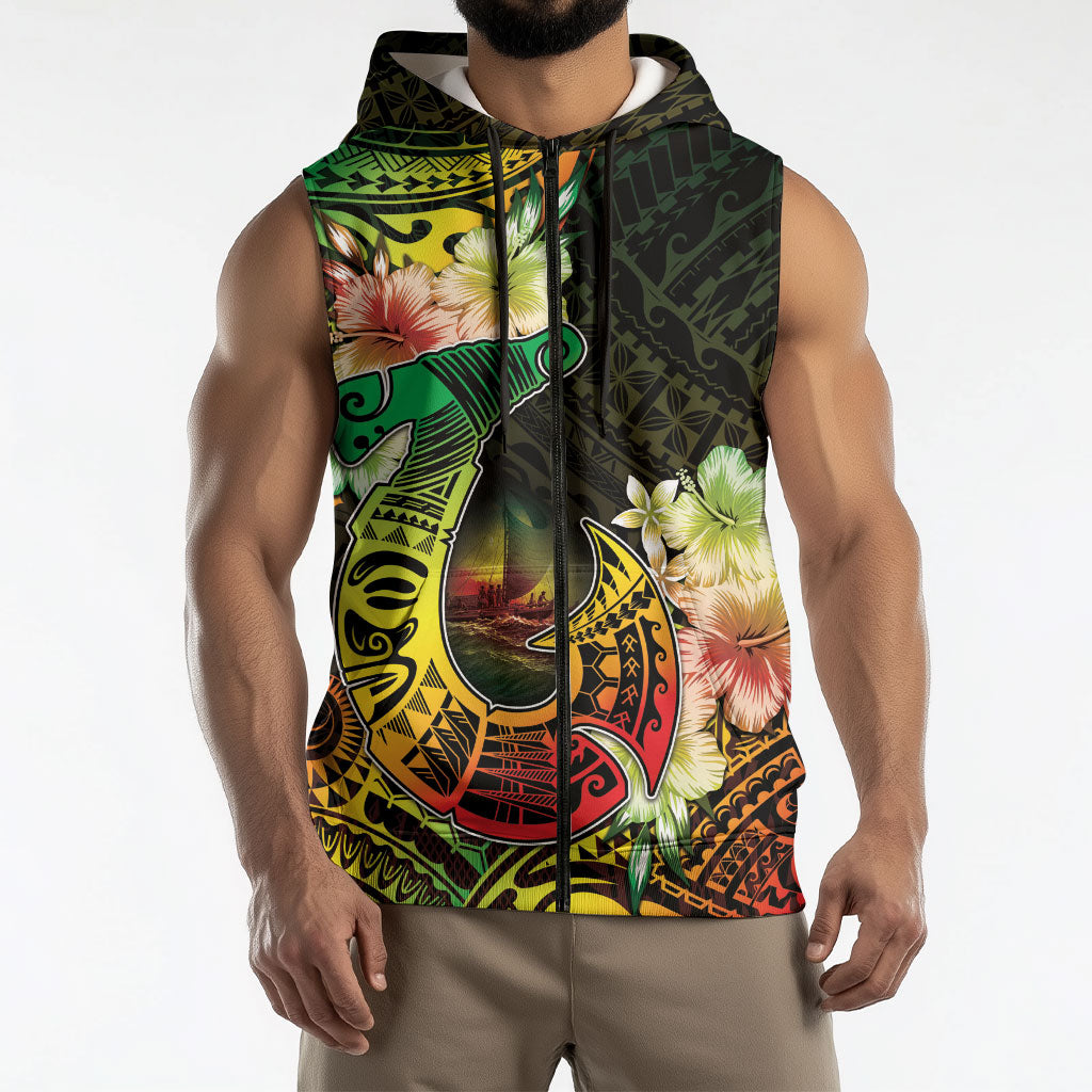 Hawaii Discoverers Day Sleeveless Zip Hoodie Polynesian Fish Hook With Hibiscus Reggae