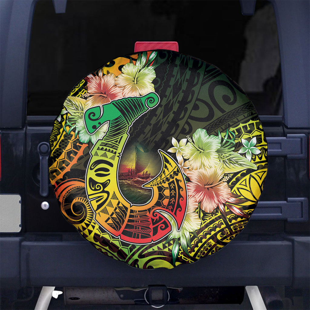 Hawaii Discoverers Day Spare Tire Cover Polynesian Fish Hook With Hibiscus Reggae